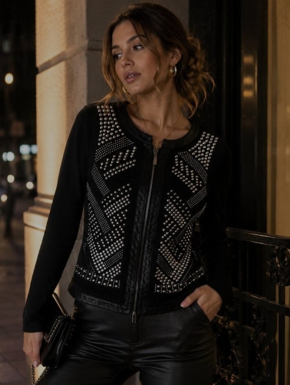 {Carmin} Women' Black/Silver Studded Moto Jacket - SIZE MEDIUM